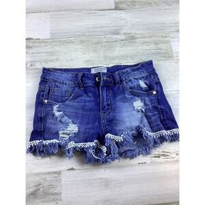 Judy Blue Distress Denim Shorts Women's Extra Short Sz M White Lace Trim Stretch